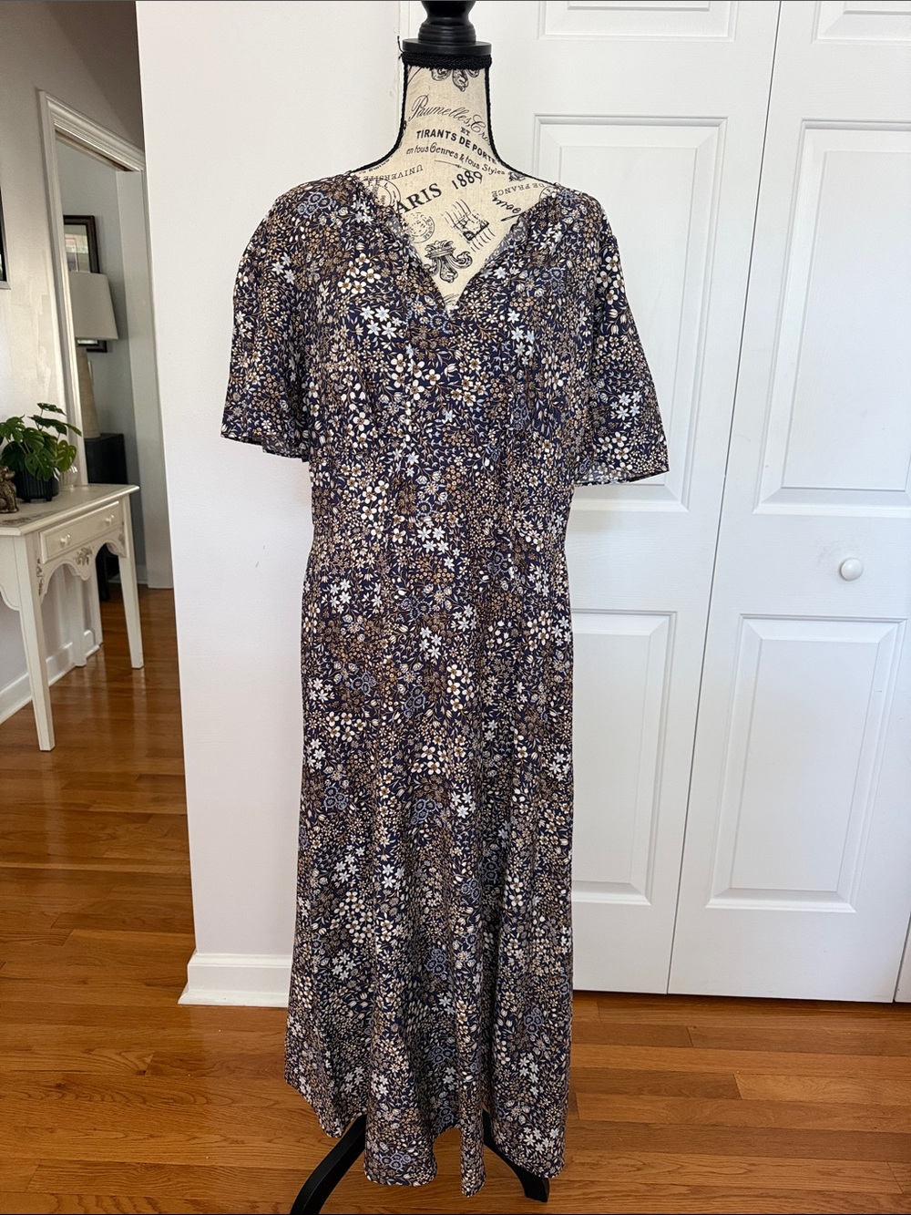 LOFT Navy Floral V-Neck Flutter Sleeve Maxi Dress